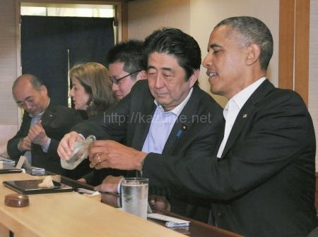 安倍晋三首相23日夜来日したオバマ米大統領を東京銀座の高級すし名店「すきやばし次郎本店」に招き会食ほか今日の #スクラップ #2014 #4/23